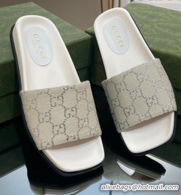 Grade Quality Gucci GG Canvas Flat Slide Sandals White/Silver 321097