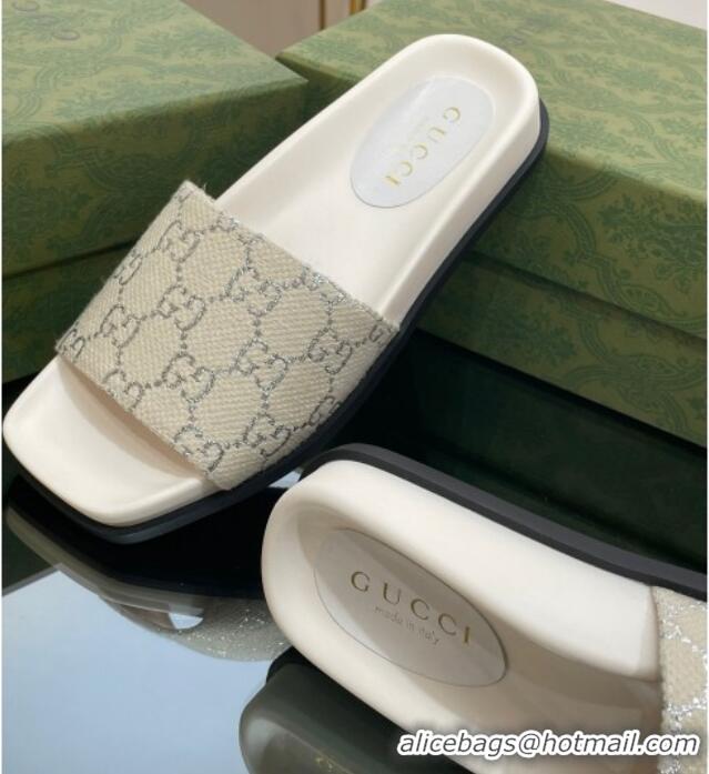 Grade Quality Gucci GG Canvas Flat Slide Sandals White/Silver 321097