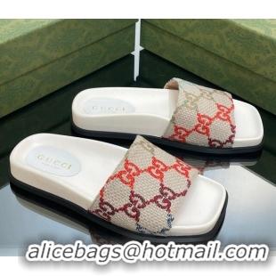 Top Design Gucci Jumbo GG Canvas Flat Slide Sandals White/Multicolor 321098