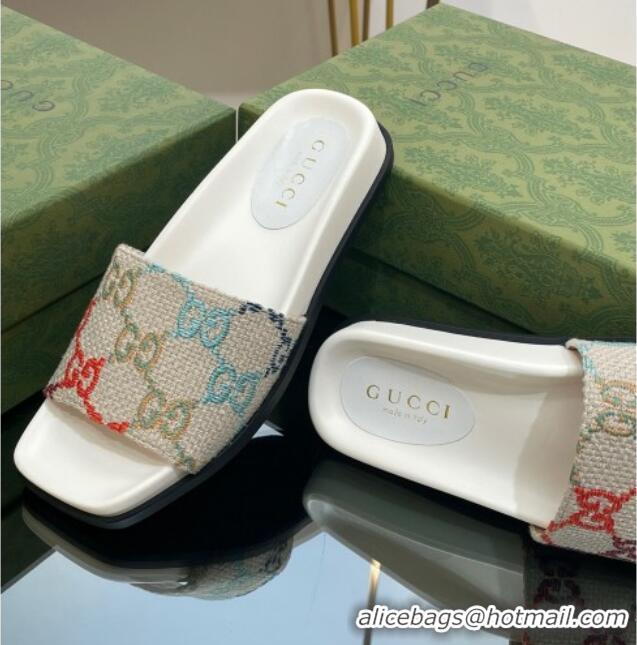 Top Design Gucci Jumbo GG Canvas Flat Slide Sandals White/Multicolor 321098