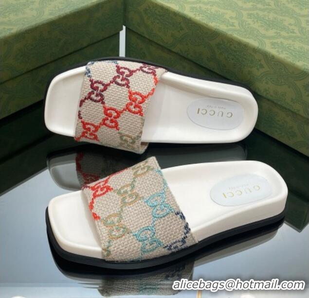 Top Design Gucci Jumbo GG Canvas Flat Slide Sandals White/Multicolor 321098