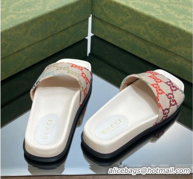 Top Design Gucci Jumbo GG Canvas Flat Slide Sandals White/Multicolor 321098