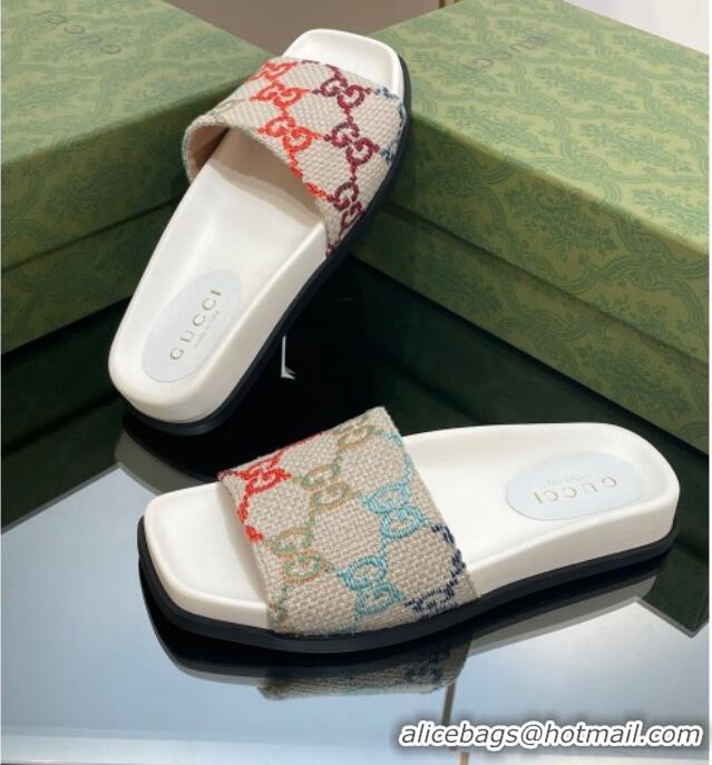 Top Design Gucci Jumbo GG Canvas Flat Slide Sandals White/Multicolor 321098