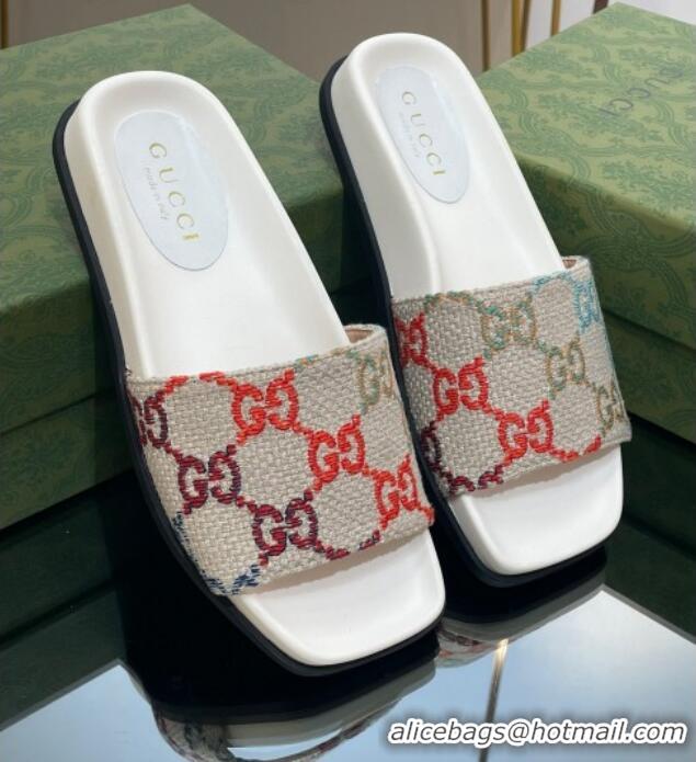 Top Design Gucci Jumbo GG Canvas Flat Slide Sandals White/Multicolor 321098