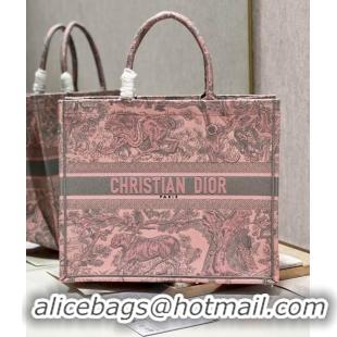 Inexpensive LARGE DIOR BOOK TOTE Pink and Gray Toile de Jouy Sauvage Embroidery M1286ZTD