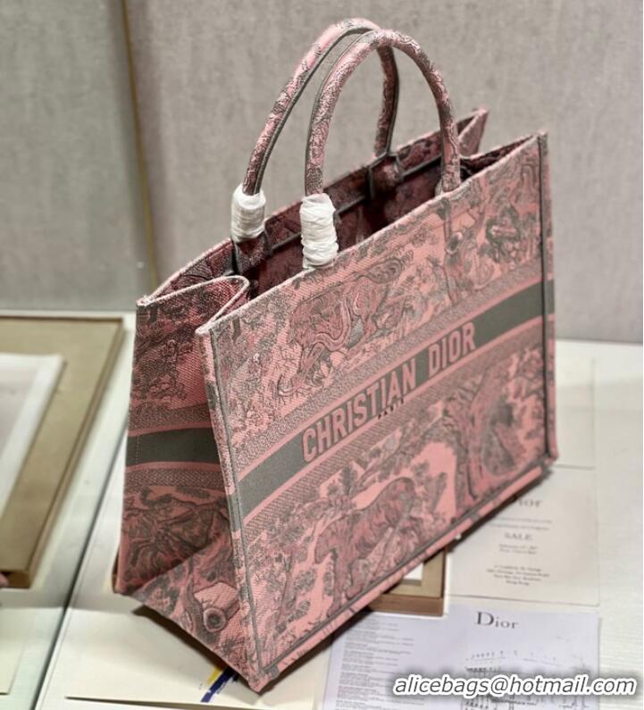 Inexpensive LARGE DIOR BOOK TOTE Pink and Gray Toile de Jouy Sauvage Embroidery M1286ZTD