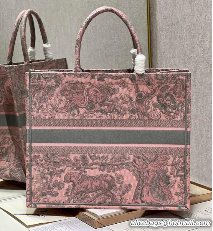 Inexpensive LARGE DIOR BOOK TOTE Pink and Gray Toile de Jouy Sauvage Embroidery M1286ZTD