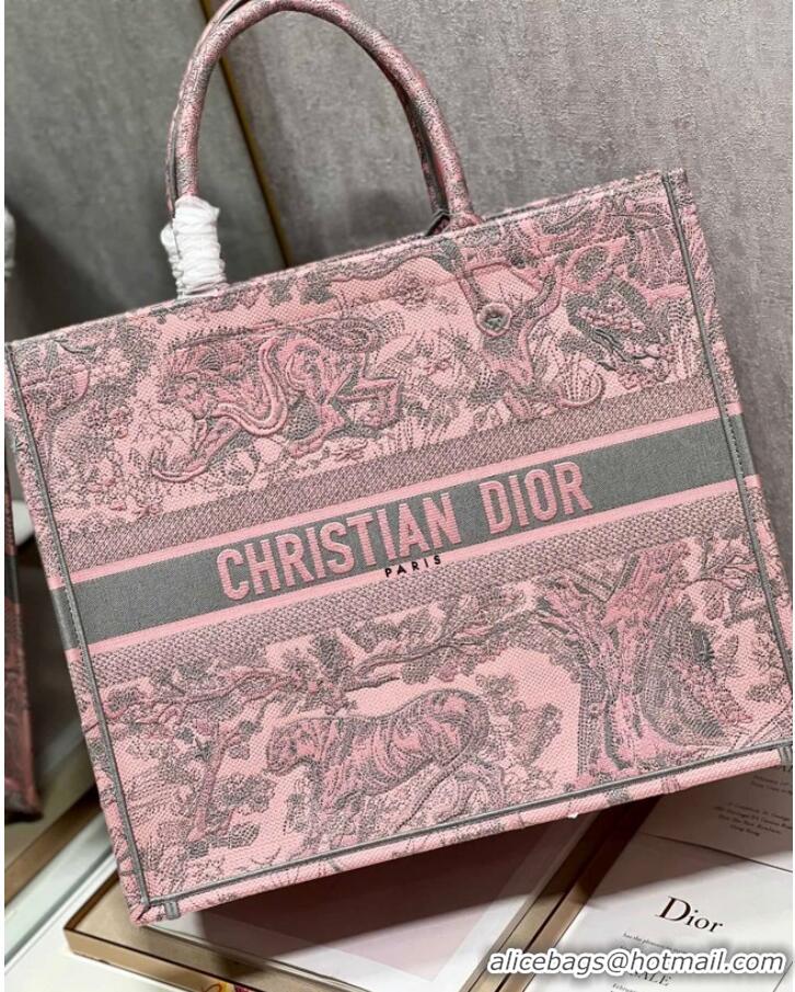 Inexpensive LARGE DIOR BOOK TOTE Pink and Gray Toile de Jouy Sauvage Embroidery M1286ZTD