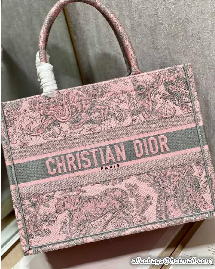 Good Product MEDIUM DIOR BOOK TOTE Gray and Pink Toile de Jouy Reverse Embroidery M1296ZRG