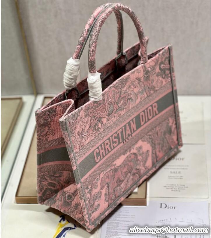 Good Product MEDIUM DIOR BOOK TOTE Gray and Pink Toile de Jouy Reverse Embroidery M1296ZRG