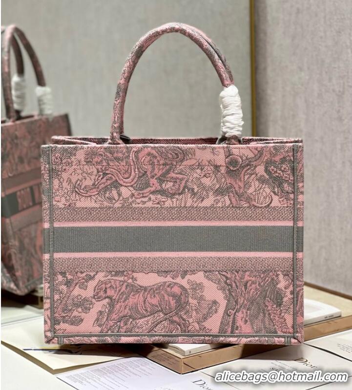 Good Product MEDIUM DIOR BOOK TOTE Gray and Pink Toile de Jouy Reverse Embroidery M1296ZRG