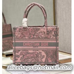 Well Crafted SMALL DIOR BOOK TOTE Gray and Pink Toile de Jouy Reverse Embroidery M1296ZRG