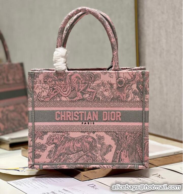 Well Crafted SMALL DIOR BOOK TOTE Gray and Pink Toile de Jouy Reverse Embroidery M1296ZRG