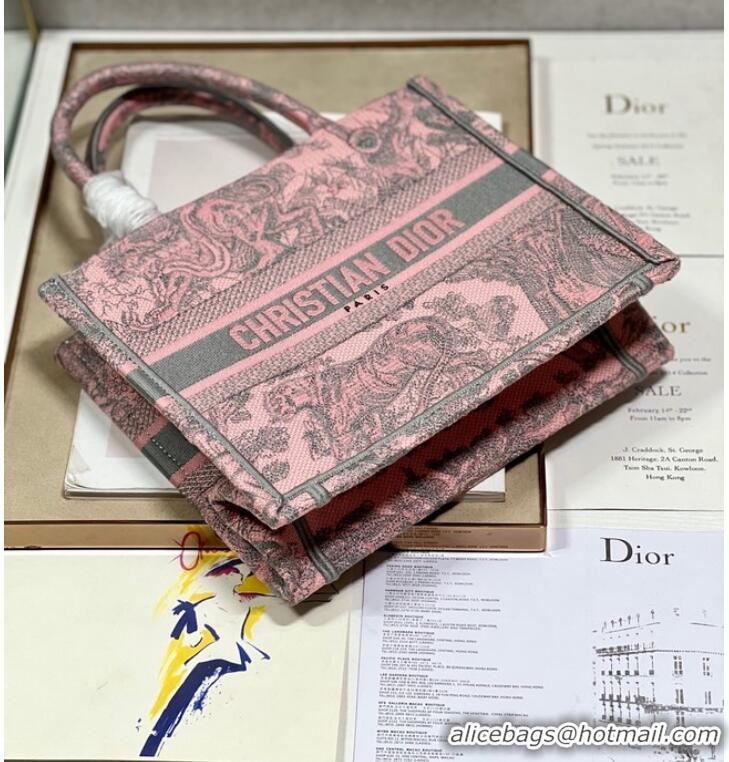 Well Crafted SMALL DIOR BOOK TOTE Gray and Pink Toile de Jouy Reverse Embroidery M1296ZRG