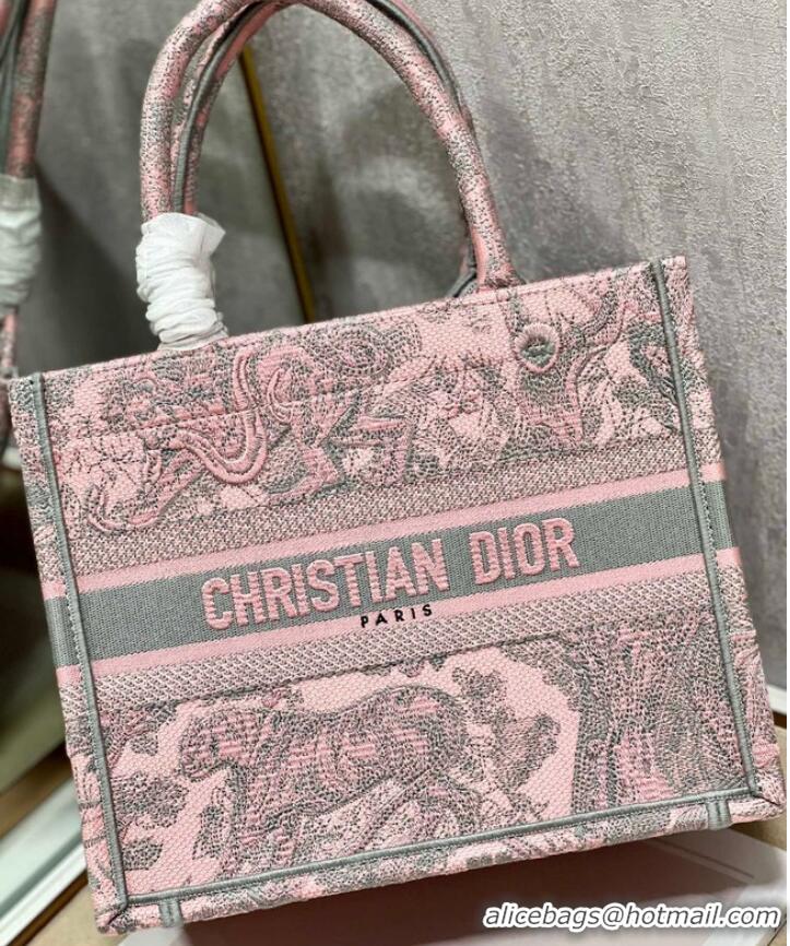 Well Crafted SMALL DIOR BOOK TOTE Gray and Pink Toile de Jouy Reverse Embroidery M1296ZRG