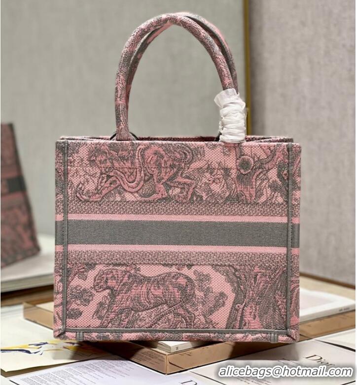 Well Crafted SMALL DIOR BOOK TOTE Gray and Pink Toile de Jouy Reverse Embroidery M1296ZRG