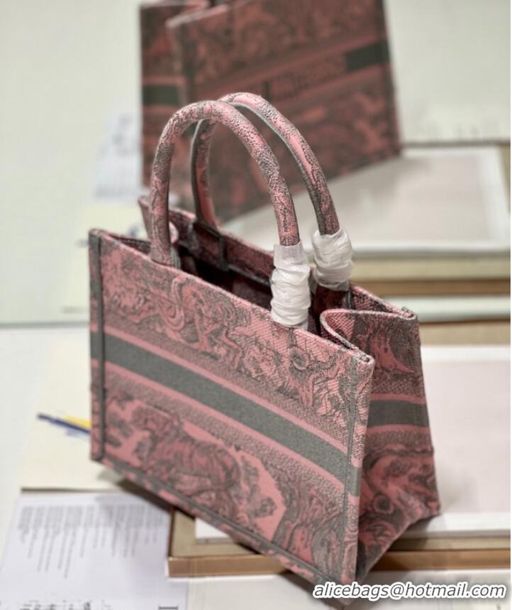 Well Crafted SMALL DIOR BOOK TOTE Gray and Pink Toile de Jouy Reverse Embroidery M1296ZRG