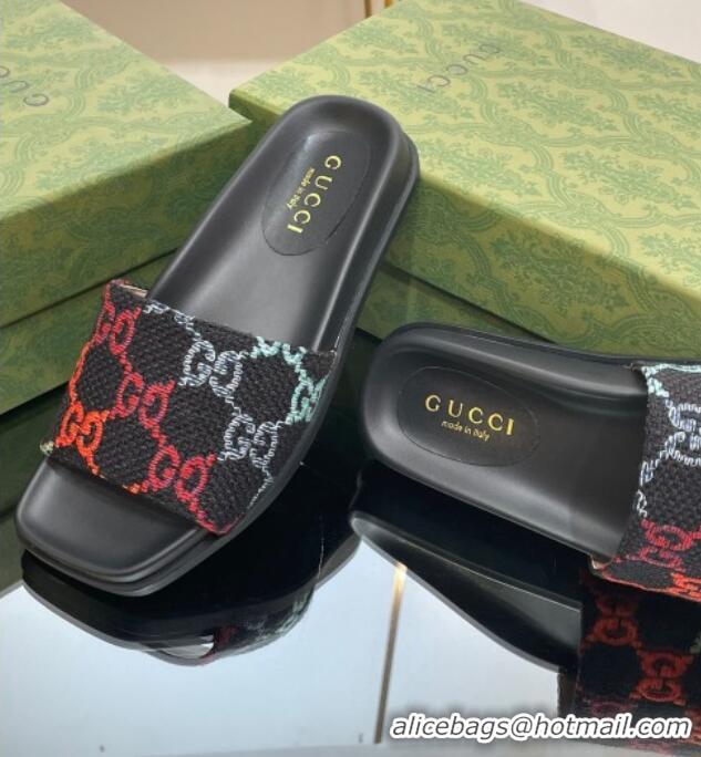 Grade Gucci Jumbo GG Canvas Flat Slide Sandals Black/Multicolor 321099