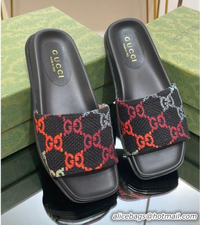 Grade Gucci Jumbo GG Canvas Flat Slide Sandals Black/Multicolor 321099