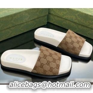 Sumptuous Gucci Classic GG Canvas Flat Slide Sandals Beige 321101