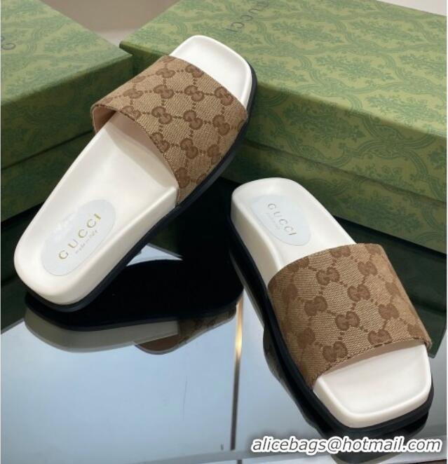 Sumptuous Gucci Classic GG Canvas Flat Slide Sandals Beige 321101