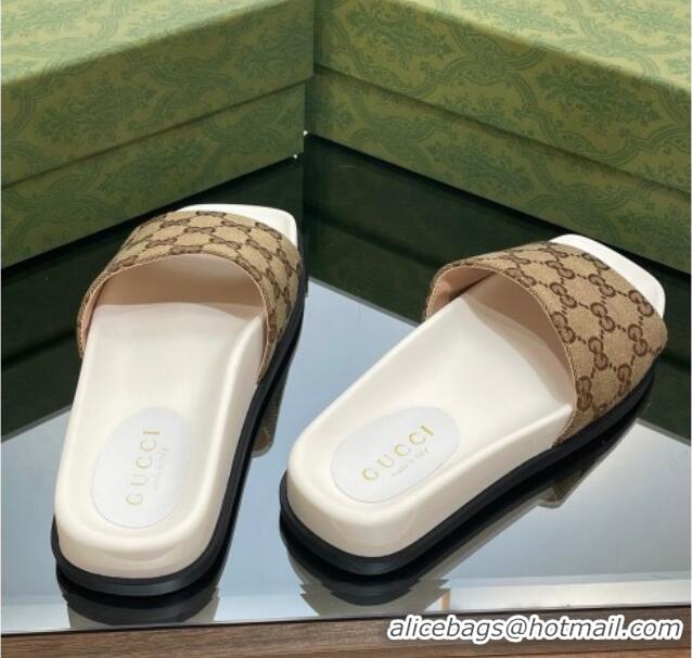 Sumptuous Gucci Classic GG Canvas Flat Slide Sandals Beige 321101