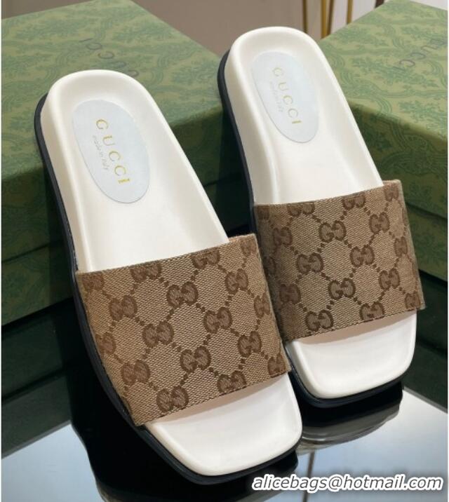 Sumptuous Gucci Classic GG Canvas Flat Slide Sandals Beige 321101