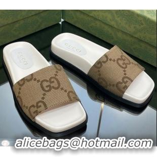 Good Looking Gucci Jumbo GG Canvas Flat Slide Sandals Camel/White 321102