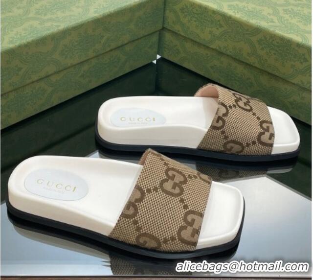 Good Looking Gucci Jumbo GG Canvas Flat Slide Sandals Camel/White 321102