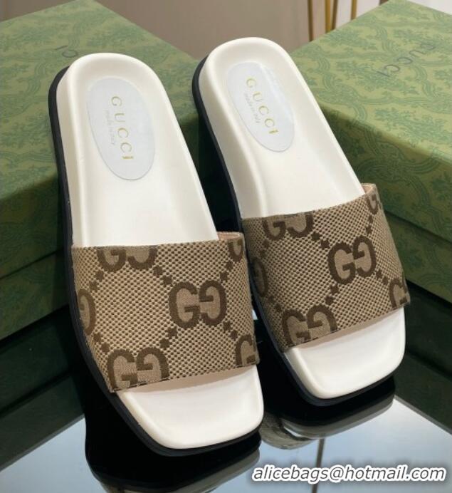 Good Looking Gucci Jumbo GG Canvas Flat Slide Sandals Camel/White 321102