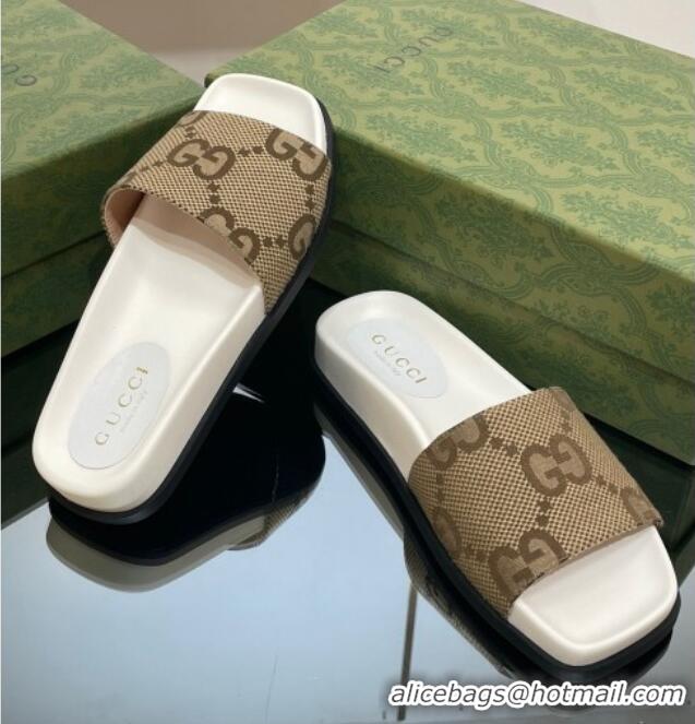 Good Looking Gucci Jumbo GG Canvas Flat Slide Sandals Camel/White 321102