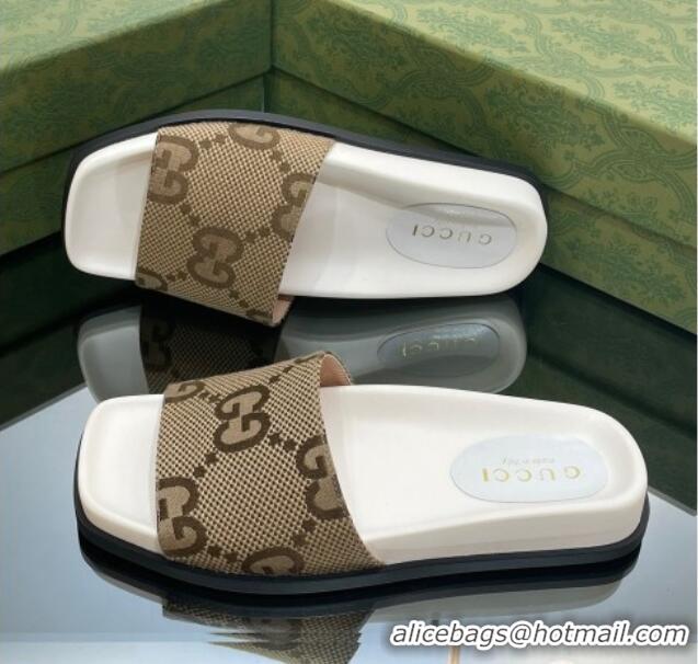 Good Looking Gucci Jumbo GG Canvas Flat Slide Sandals Camel/White 321102