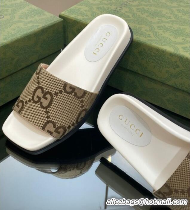 Good Looking Gucci Jumbo GG Canvas Flat Slide Sandals Camel/White 321102