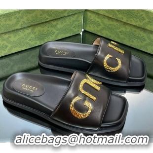 Charming Gucci Leather Flat Slide Sandals with Gold-Tone GUCCI Black 321104