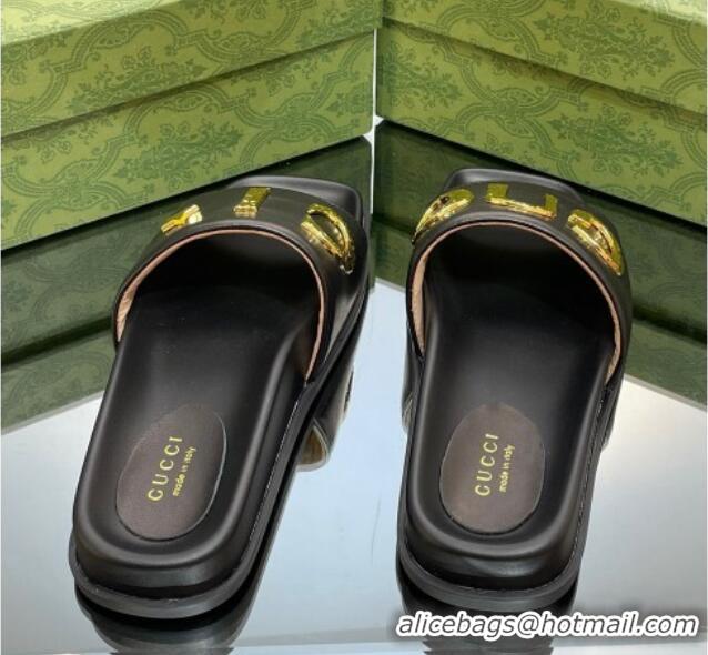 Charming Gucci Leather Flat Slide Sandals with Gold-Tone GUCCI Black 321104