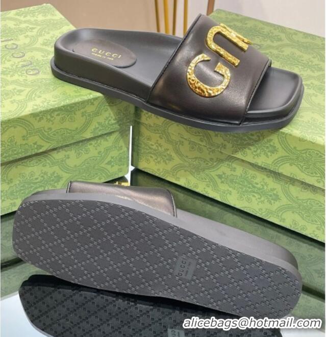 Charming Gucci Leather Flat Slide Sandals with Gold-Tone GUCCI Black 321104