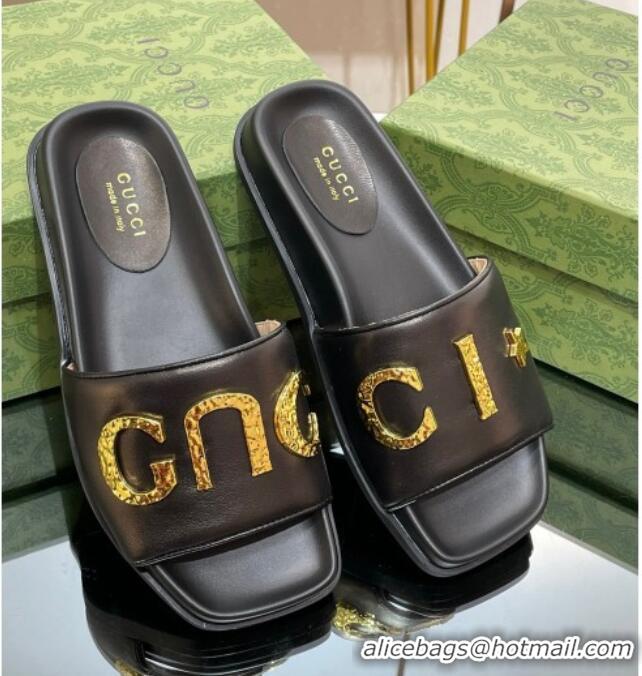 Charming Gucci Leather Flat Slide Sandals with Gold-Tone GUCCI Black 321104