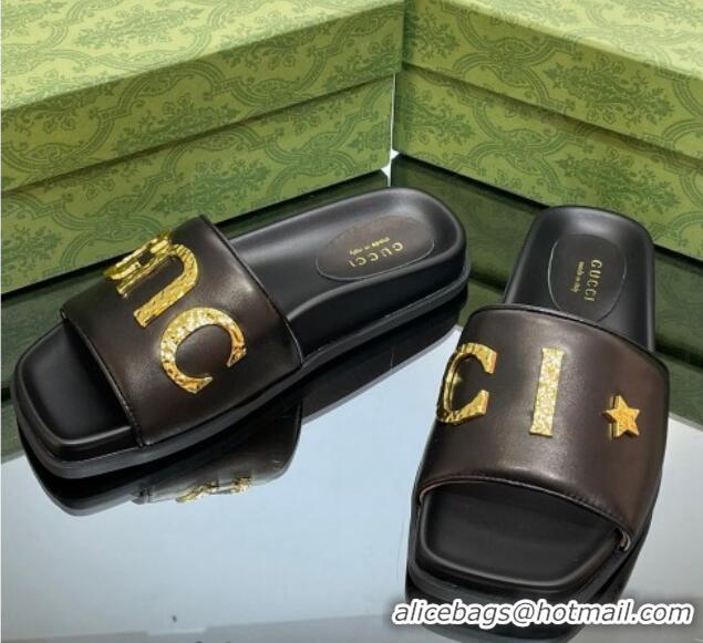 Charming Gucci Leather Flat Slide Sandals with Gold-Tone GUCCI Black 321104