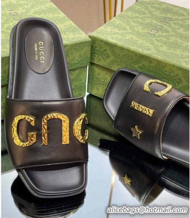 Charming Gucci Leather Flat Slide Sandals with Gold-Tone GUCCI Black 321104