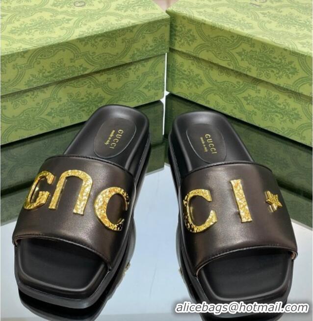 Charming Gucci Leather Flat Slide Sandals with Gold-Tone GUCCI Black 321104