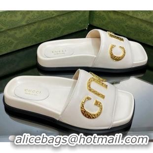 Pretty Style Gucci Leather Flat Slide Sandals with Gold-Tone GUCCI White 321105