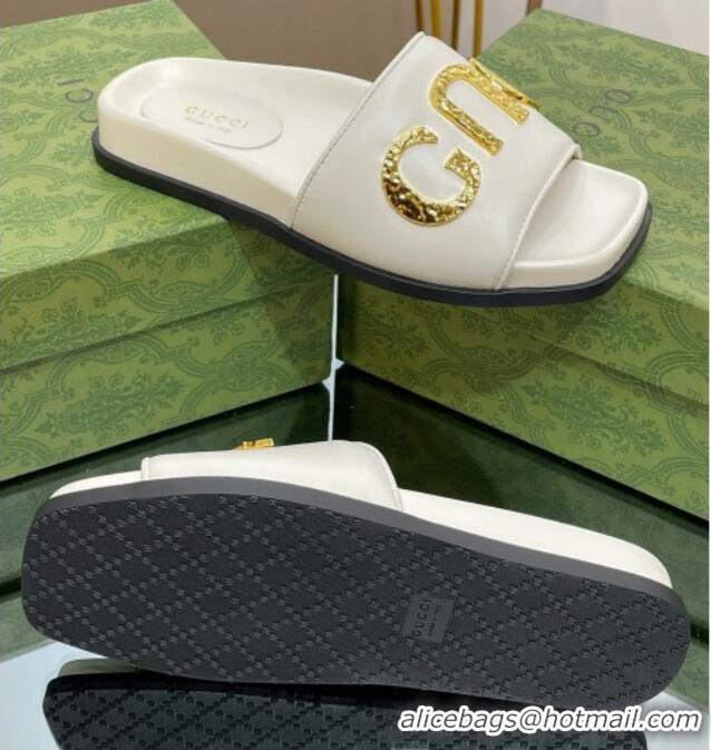 Pretty Style Gucci Leather Flat Slide Sandals with Gold-Tone GUCCI White 321105