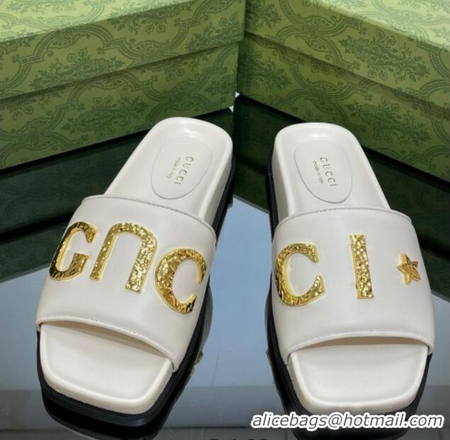 Pretty Style Gucci Leather Flat Slide Sandals with Gold-Tone GUCCI White 321105