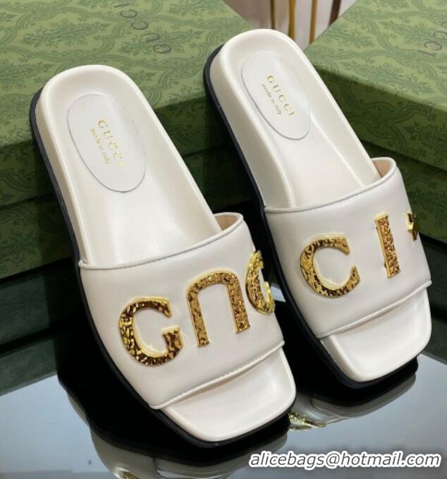 Pretty Style Gucci Leather Flat Slide Sandals with Gold-Tone GUCCI White 321105