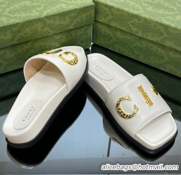 Pretty Style Gucci Leather Flat Slide Sandals with Gold-Tone GUCCI White 321105