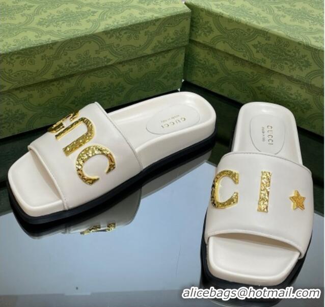 Pretty Style Gucci Leather Flat Slide Sandals with Gold-Tone GUCCI White 321105