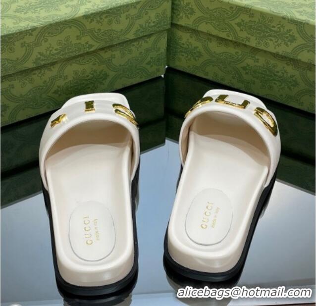 Pretty Style Gucci Leather Flat Slide Sandals with Gold-Tone GUCCI White 321105