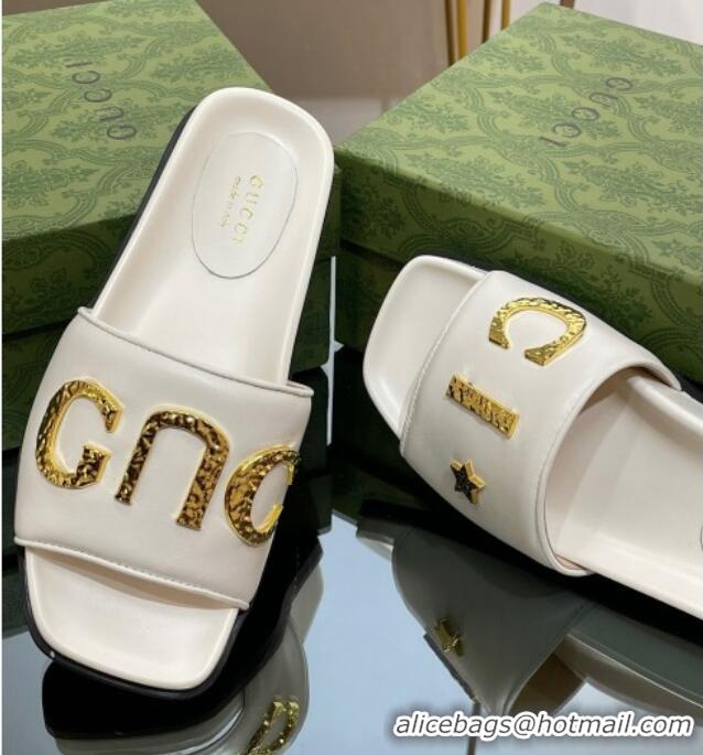 Pretty Style Gucci Leather Flat Slide Sandals with Gold-Tone GUCCI White 321105