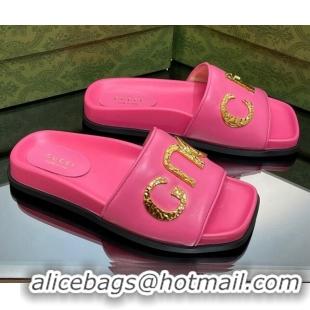 Luxury Gucci Leather Flat Slide Sandals with Gold-Tone GUCCI Pink 321106