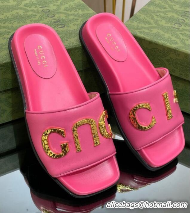 Luxury Gucci Leather Flat Slide Sandals with Gold-Tone GUCCI Pink 321106